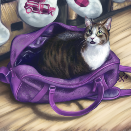 Realism painting of a cat in a duffel bag