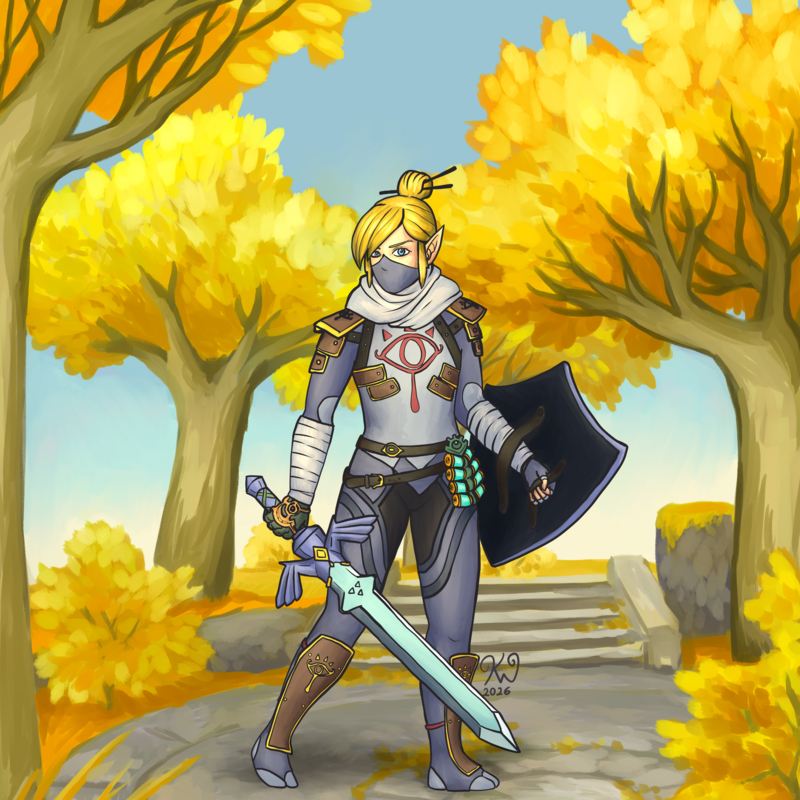 2026/06 Tears of the Kingdom fanart of Link in the stealth suit, holding the Master sword and the Hylian shield